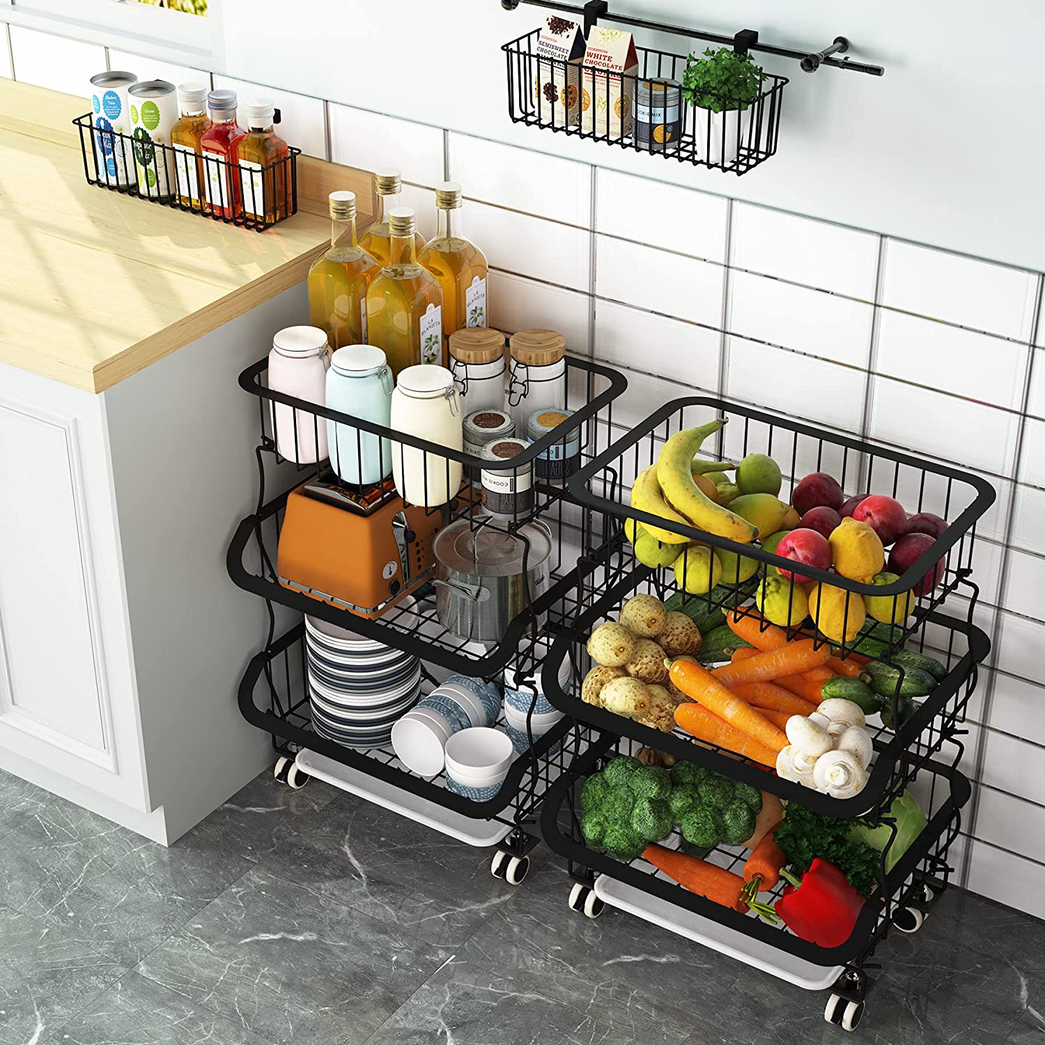 Fruit Basket, 3 Tier Stackable Metal Wire Basket Cart with Rolling Wheels, Utility Rack for Kitchen, Pantry, Garage, With 2 Free Baskets (3 tier)