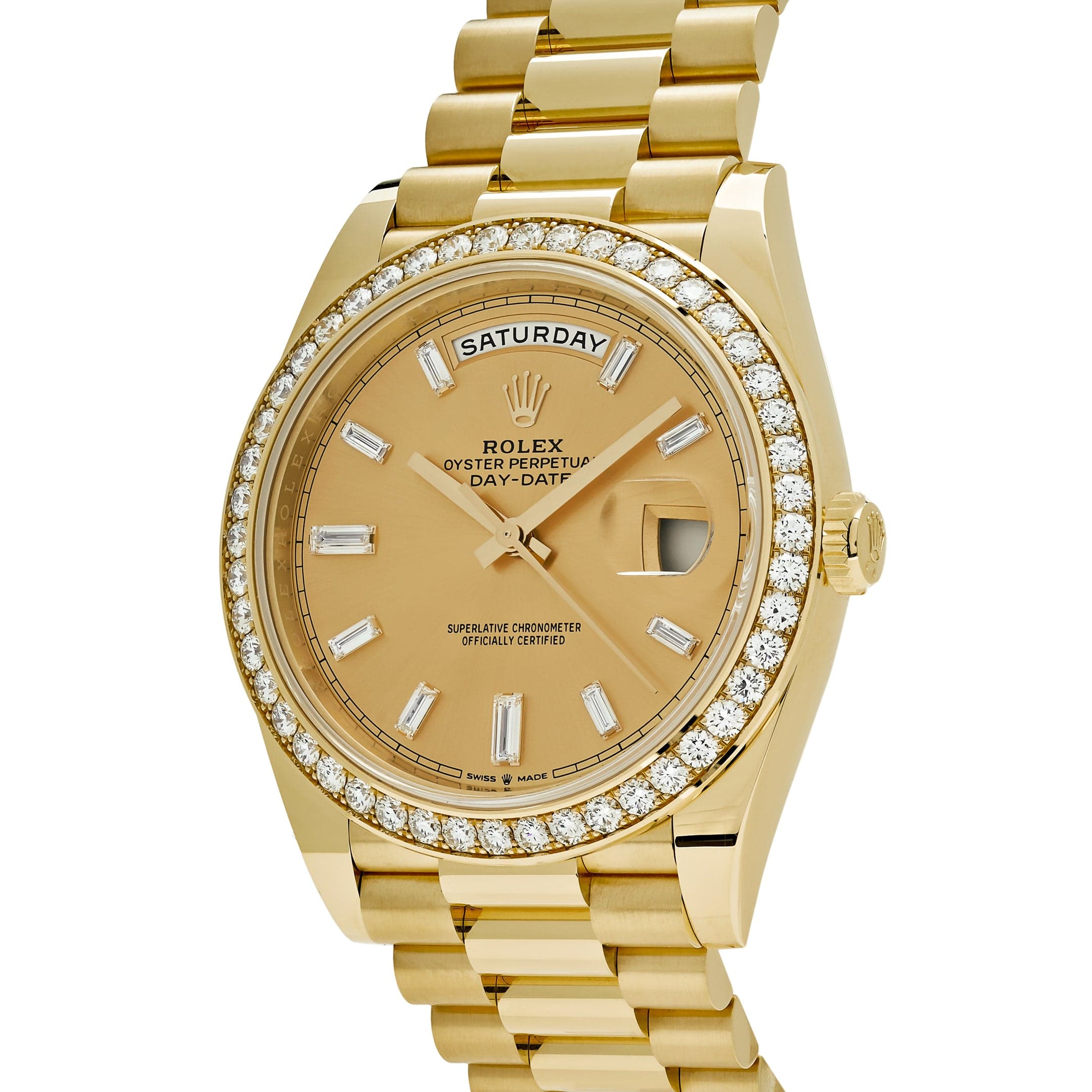 Rolex Day-Date 40 228348RBR Yellow Gold Champagne Diamond Baguette Dial Diamond Bezel (2021)