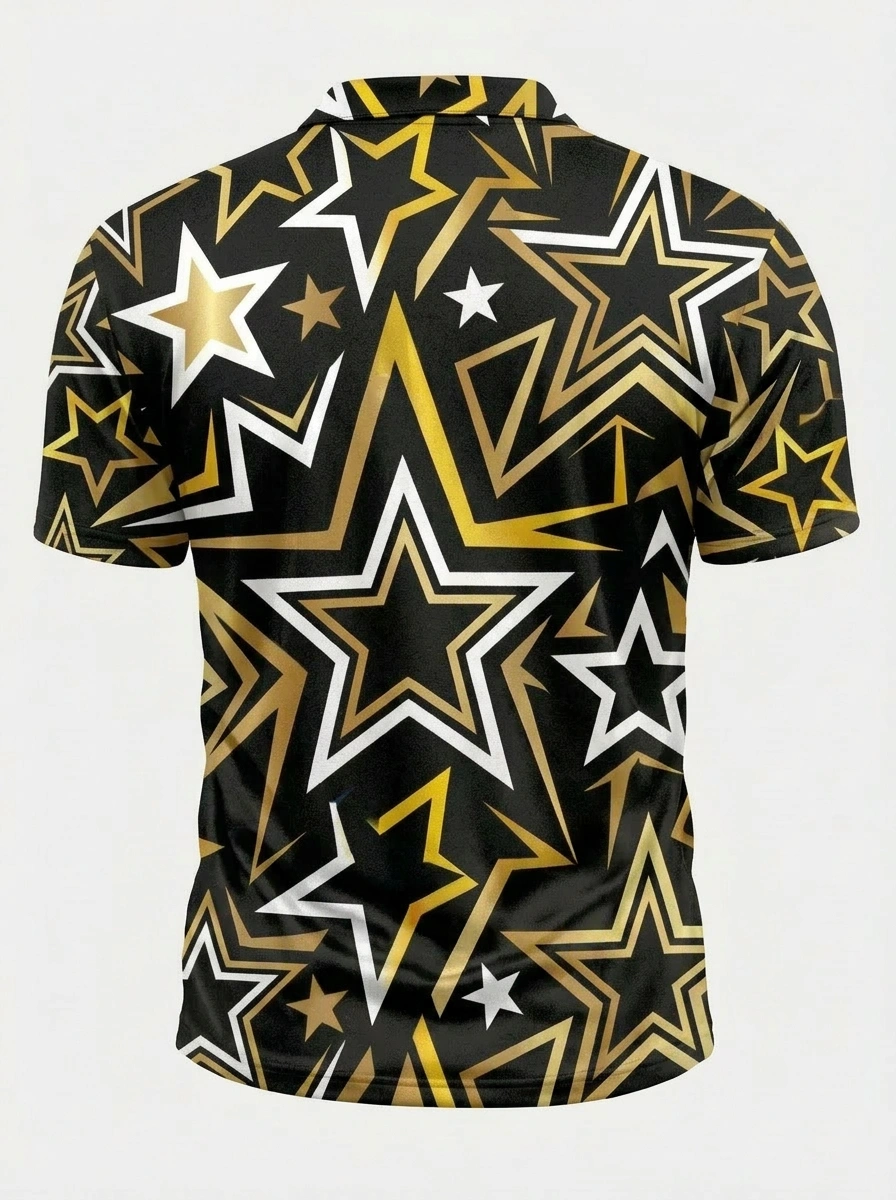 Moisture Wicking Golf Polo 3D Black Gold White Star Button Short Sleeve Golf Polo Shirt