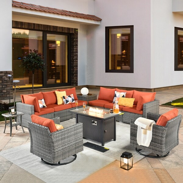 HOOOWOOO 11piece Outdoor Rattan Wicker Furniture Set Swivel Chairs with Fire Pit