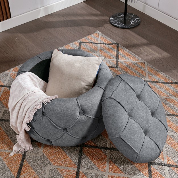 Large Button Tufted Burlap Woven Round Storage Ottoman For Living Room And Bedroom Modernluxe