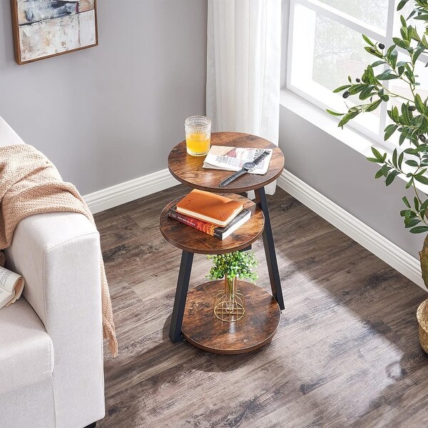 Round End Table Side Table with Metal Frame,Rustic Brown