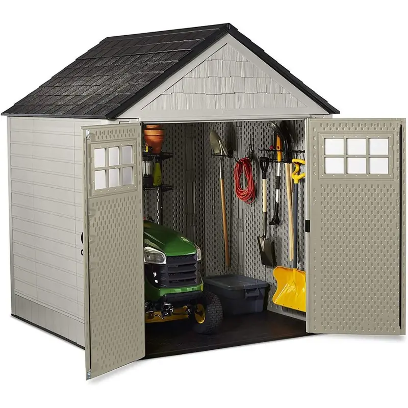 Rubbermaid 7 ft x 7 ft Resin Garden Shed – Sand Finish, Windows & Utility Hooks Included