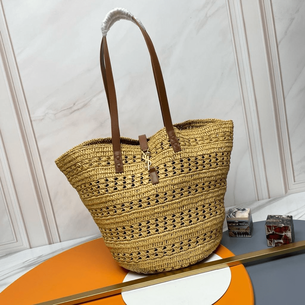 Saint Laurent Panier Medium Bag in Crochet Raffia and Smooth Leather 42cm
