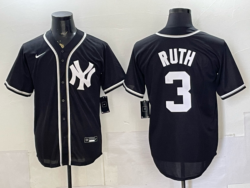 Men's New York Yankees Babe Ruth #3 Fashion Black Out Replica Jersey