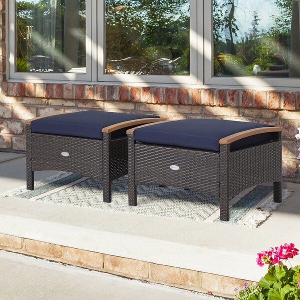 Gymax 2PCS Patio Ottomans Wooden Handles Rattan Knitting Foot Pedal