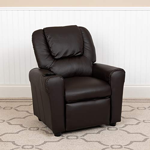 EMMA + OLIVER Beige Vinyl Kids Recliner with Cup Holder and Headrest