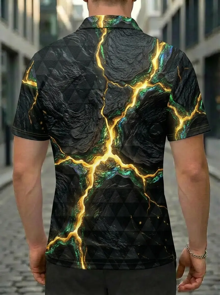 Moisture Wicking Golf Polo 3D Black Gold Green Marble Button Short Sleeve Golf Polo Shirt