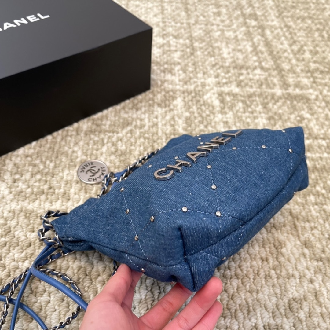 Chanel 22 Mini Handbag Washed Denim Silver Tone Metal Blue 17Cm As3980 B16649 Ny101