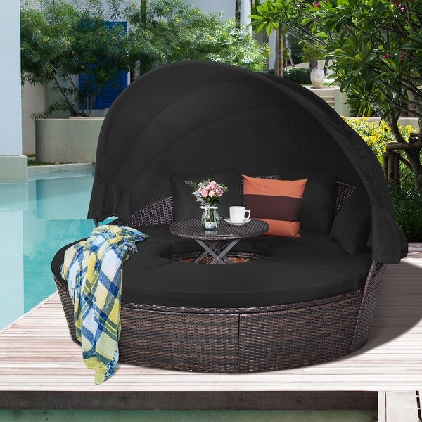 Costway Patio Rattan Daybed Cushioned Sofa Adjustable Table Top Canopy