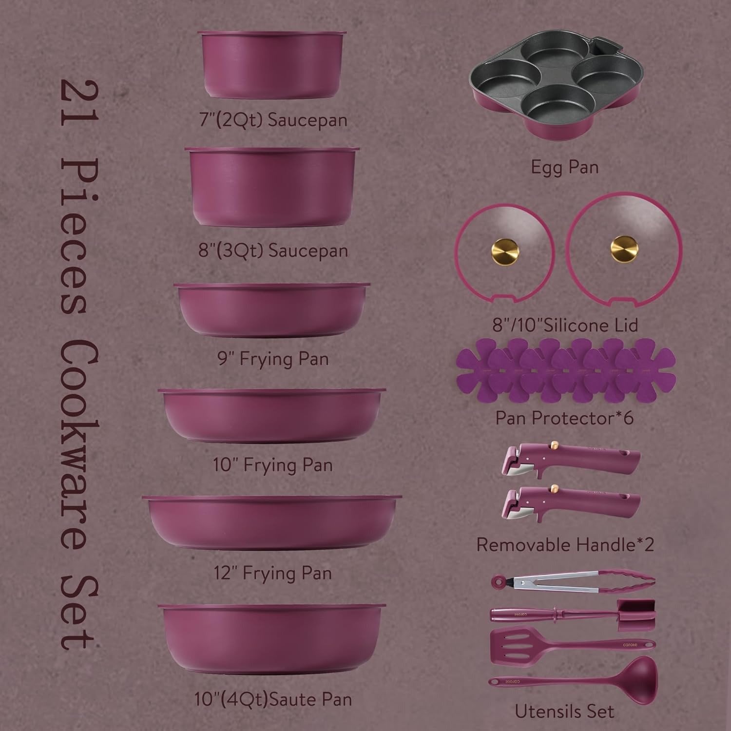 21-Piece Nonstick Cookware Set Detachable Handle Induction Compatible Gold Ultra Violet