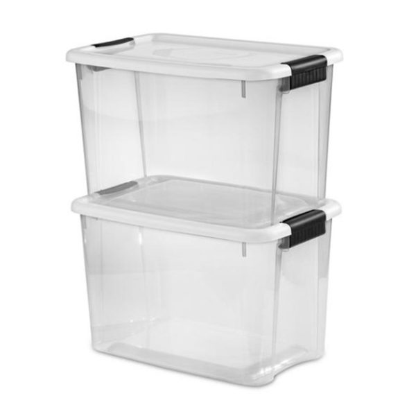 30 Quart Clear Plastic Storage Bin with White Latch Lid, 12 Pack