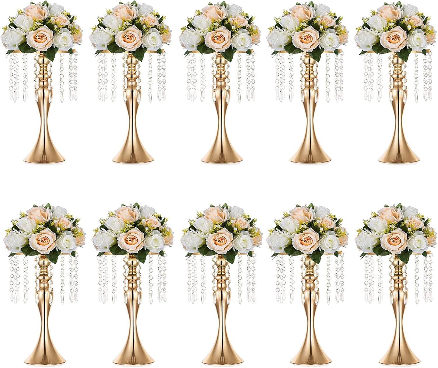 Floral Centerpiece Riser Gold Tall Flower Centerpiece Stand with Crystal Beads for Event Party Wedding Reception Center Piece Floral Arrangements, Pack of 10 Gold 21.3’’/54cm