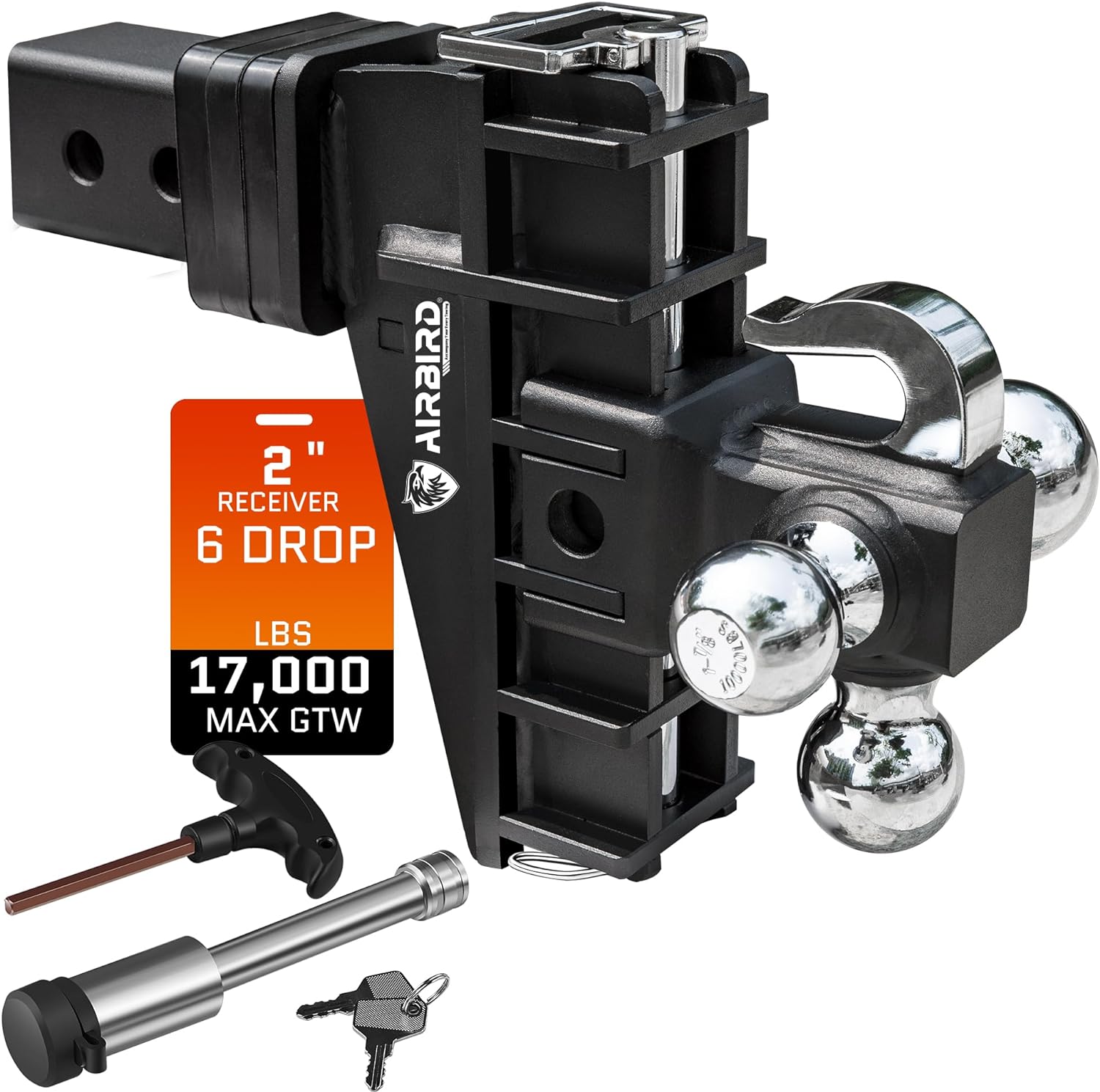Adjustable Trailer Hitch Fits 2-Inch Receiver, Heavy Duty Tow Hitches (17000 LBS GTW) 6 Inch Drop Truck Hitch Tri-Ball Mount with Hook (1-7/8