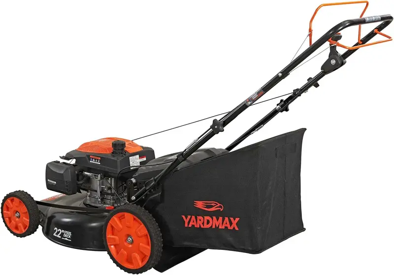 YARDMAX 22″ 201cc Self-Propelled Lawn Mower – 6-Speed CVT, Rear-Wheel Drive, High-Wheel Design, 3-in-1 Cutting, Black