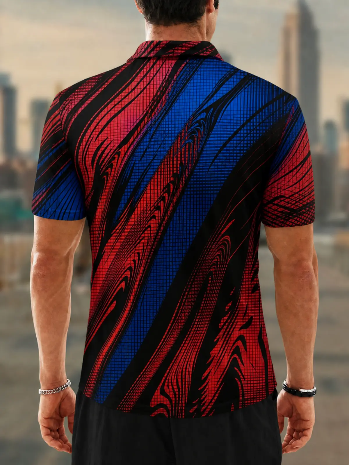 Moisture Wicking Golf Polo 3D Red Blue Warped Swirl Grid Button Short Sleeve Golf Polo Shirt
