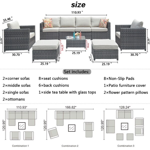 OVIOS Patio Furniture Deep Seat Wicker 9piece Set