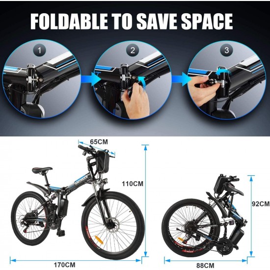 26” Folding Electric Bike, Commuting Ebike Electric Mountain Bike with 36V 8Ah Lithium-Ion Battery, Premium Full Suspension and 21 Speed Gears