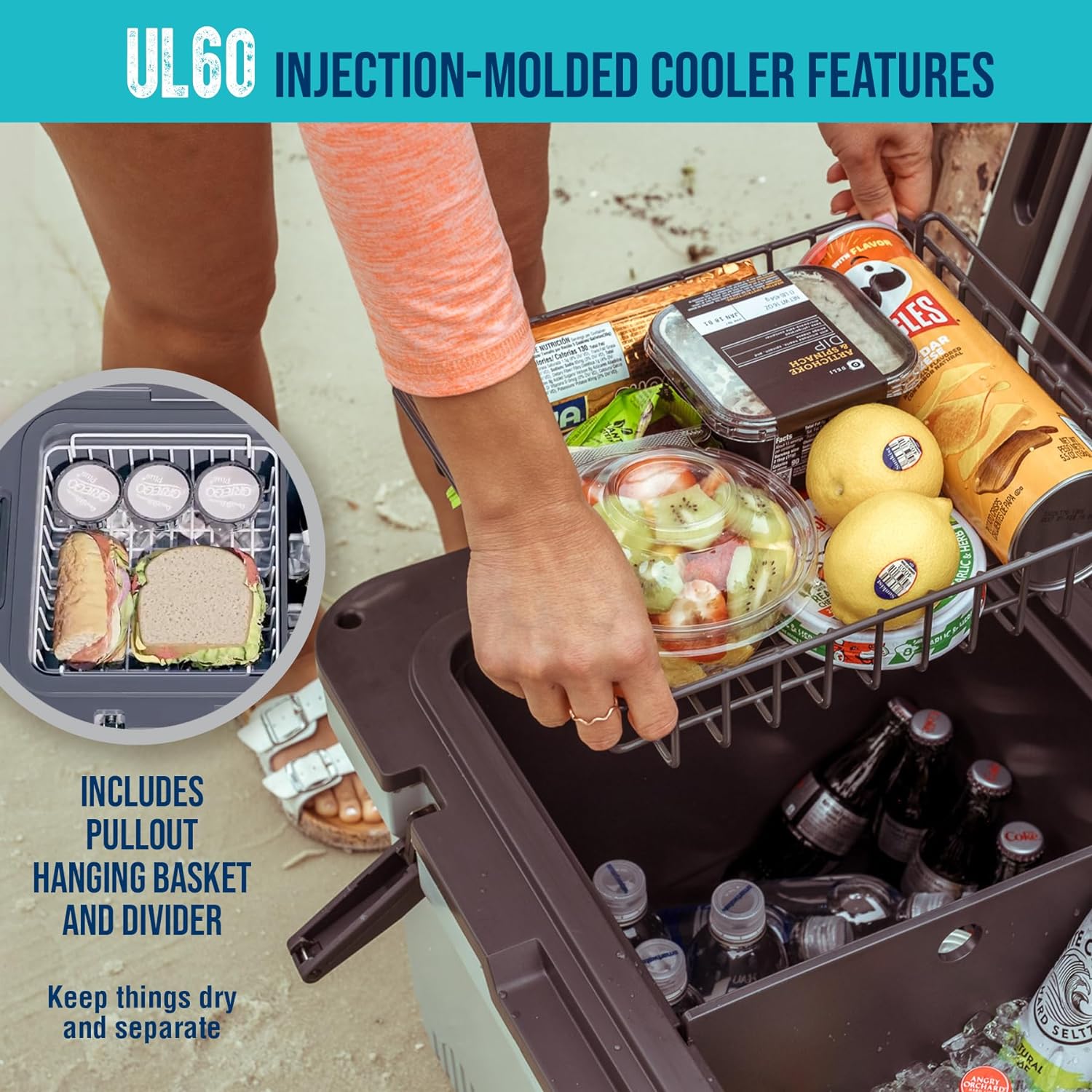 60 QT Ultra-Light Injection Molded Cooler - Ice Chest Keeps Ice up to 7 Days - Large Cooler Includes Wire Basket, Divider and Built-in Bottle Opener