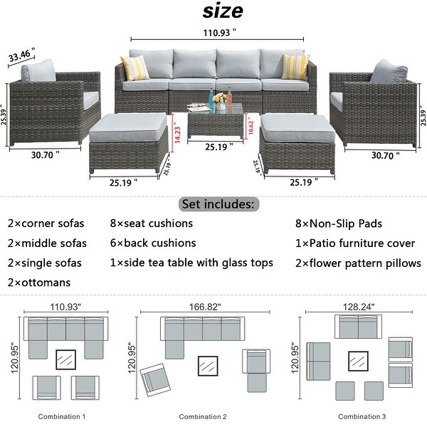 OVIOS Patio Furniture Deep Seat Wicker 9piece Set