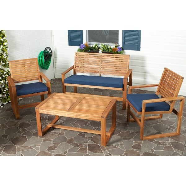 SAFAVIEH Outdoor Living Ozark Brown/ Navy Acacia Wood 4piece Patio Set