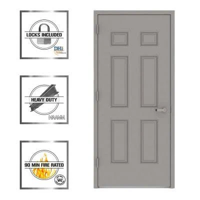 L.I.F Industries 30 in. x 80 in. Gray Right-Hand 6-Panel Entrance Fire Proof Steel Prehung Commercial Door with Welded Frame