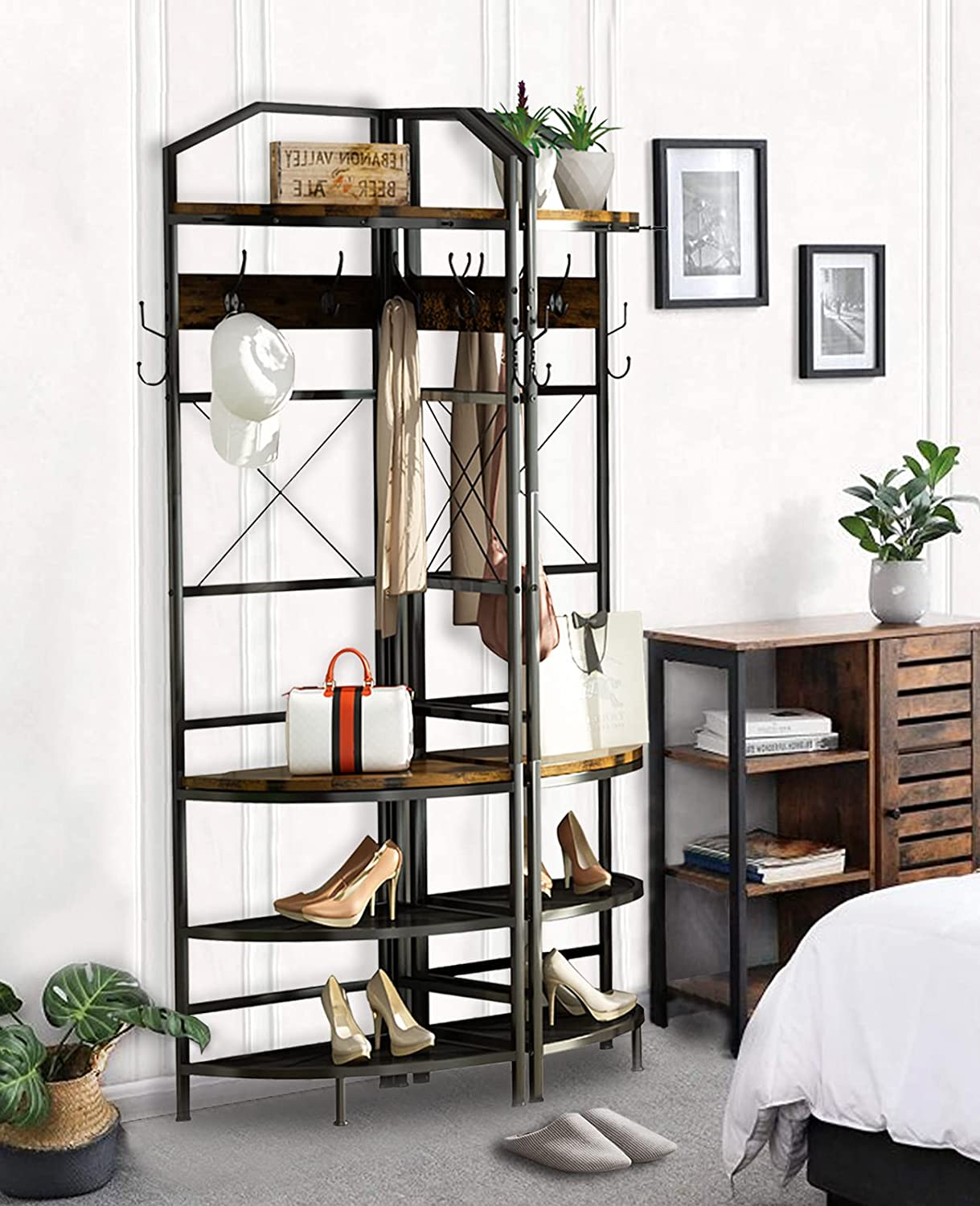 XINGAN 3-in-1 Entryway Coat Rack, Industrial Hall Tree Corner Cloth Rack with Bench Hallway Coat and Shoe Rack for Corner, Entryway Organizer with Metal Shoe Storage for Hallway, Corner, Entrance,Brow