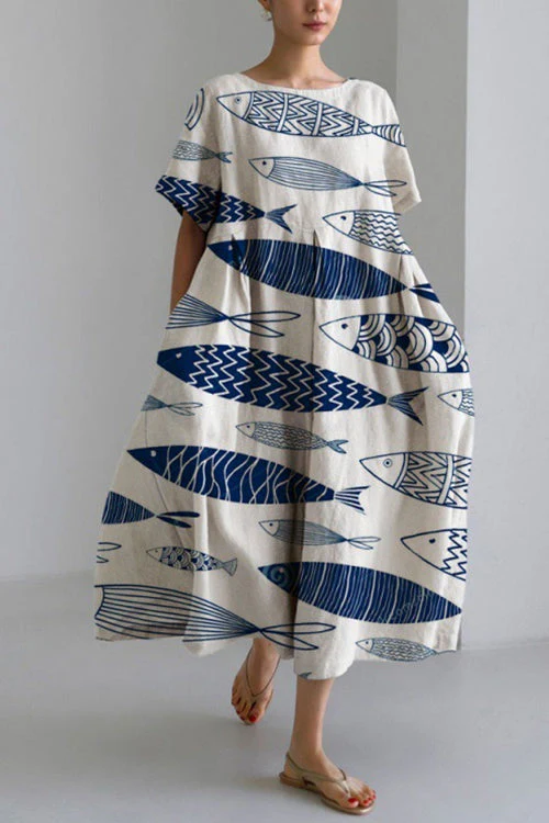 Printed A-Line Midi Dress with PocketsClistos
