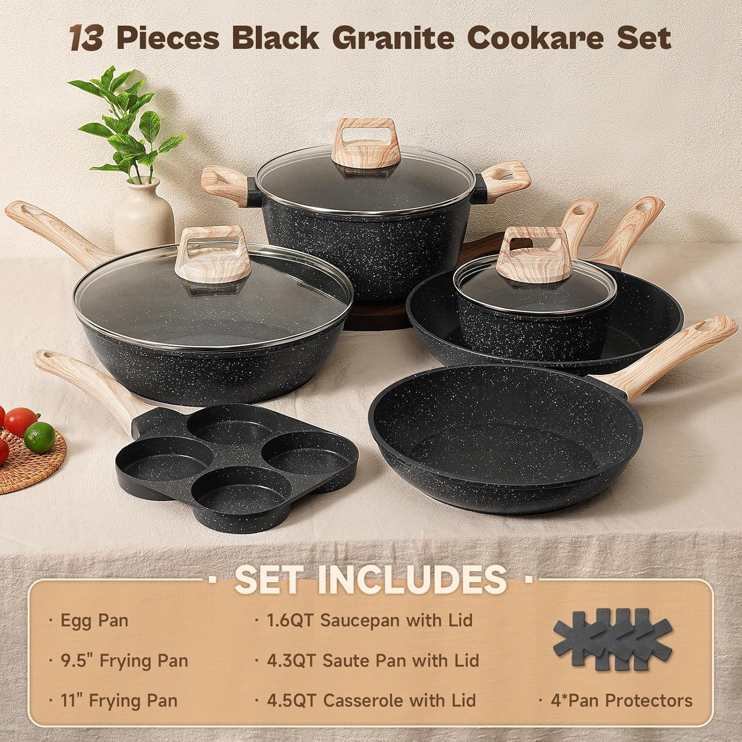 13-Piece Black Granite Nonstick Cookware Set PFAS-Free Induction All Stovetop Compatible