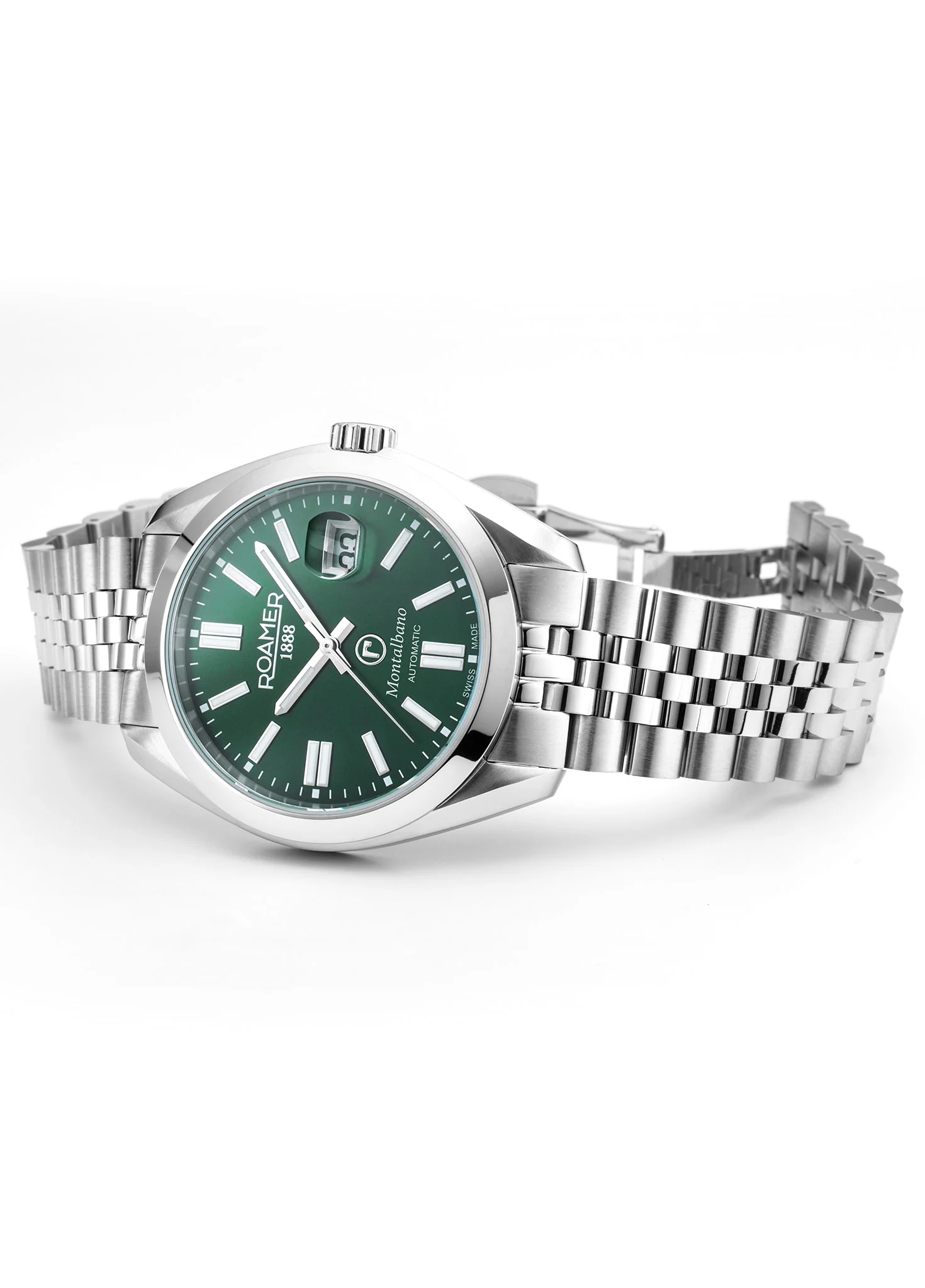 Montalbano Gents 41.5mm Automatic Three-Hand Date Green Sunray Dial Silver Bracelet Sapphire glass Stainless Steel swiss watch