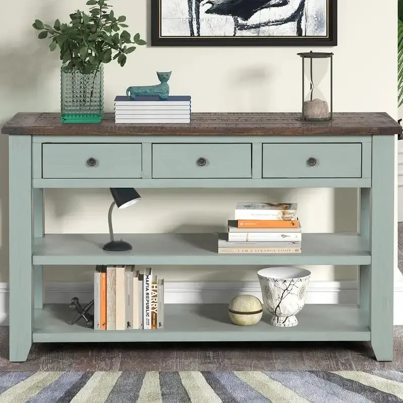 Wood Console Table – Slim Entryway or Hallway Unit with Three Drawers & Dual Shelving Levels