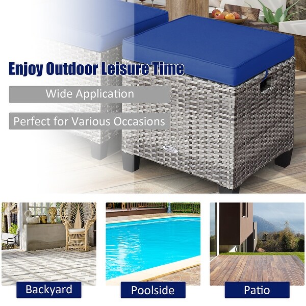 Costway 2PCS Patio Rattan Cushioned Ottoman Seat Foot Rest Table