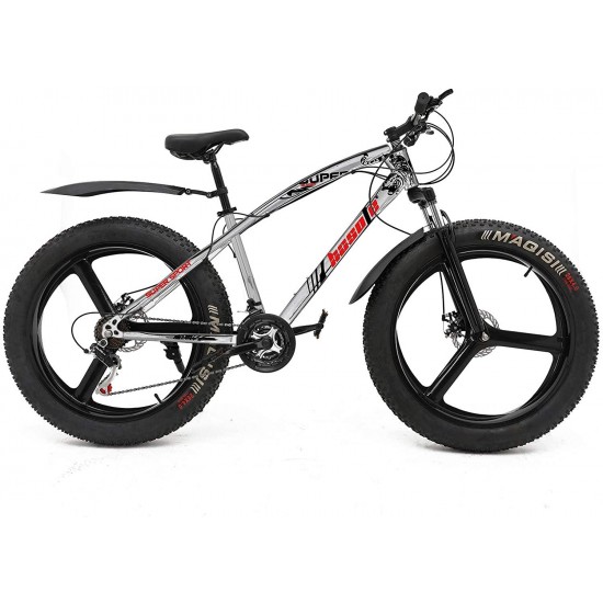 Fat Tire Bike for Men, 26 Inch 21 Speed Mountain Bike, 4 inch Wide Tire Beach Snow Mountain Bicycle, Suspension Fork Dual Disc Brakes MTB with 3 Spoke Wheel
