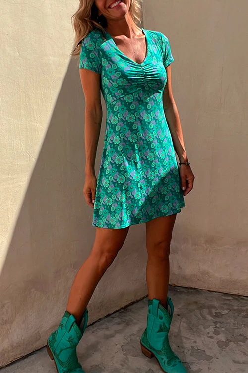 Ruched V-Neck Floral Fit & Flare Midi DressClistos