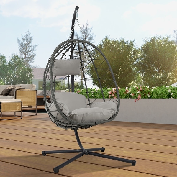 Patio Wicker Hanging Egg Chair Hanging Basket Chair Swing Chair with Stand
