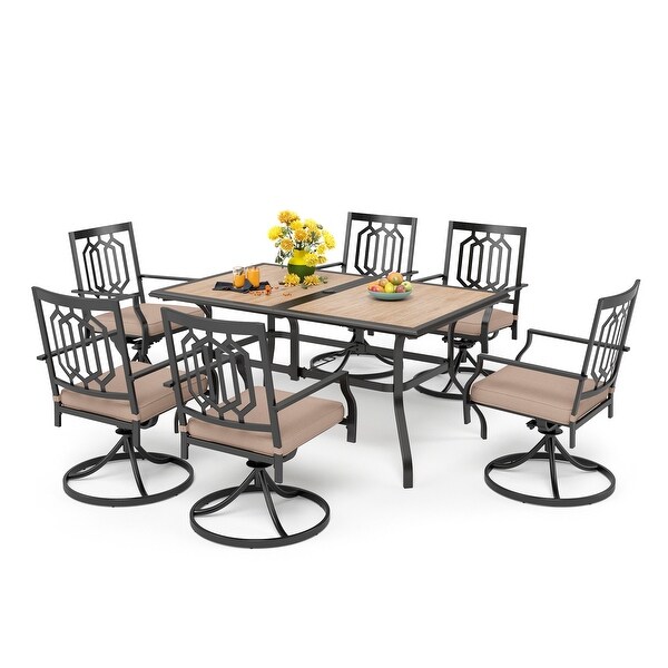 MAISON ARTS 7piece Patio Dining Set,1 Rectangle Woodlike Table with Umbrella Hole and 6 Metal Swivel Chairs