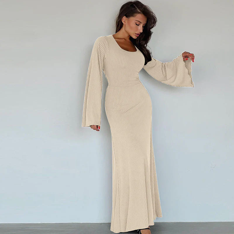 Ribbed Knit Maxi Dress | Scoop Neck Bodycon DressClistos