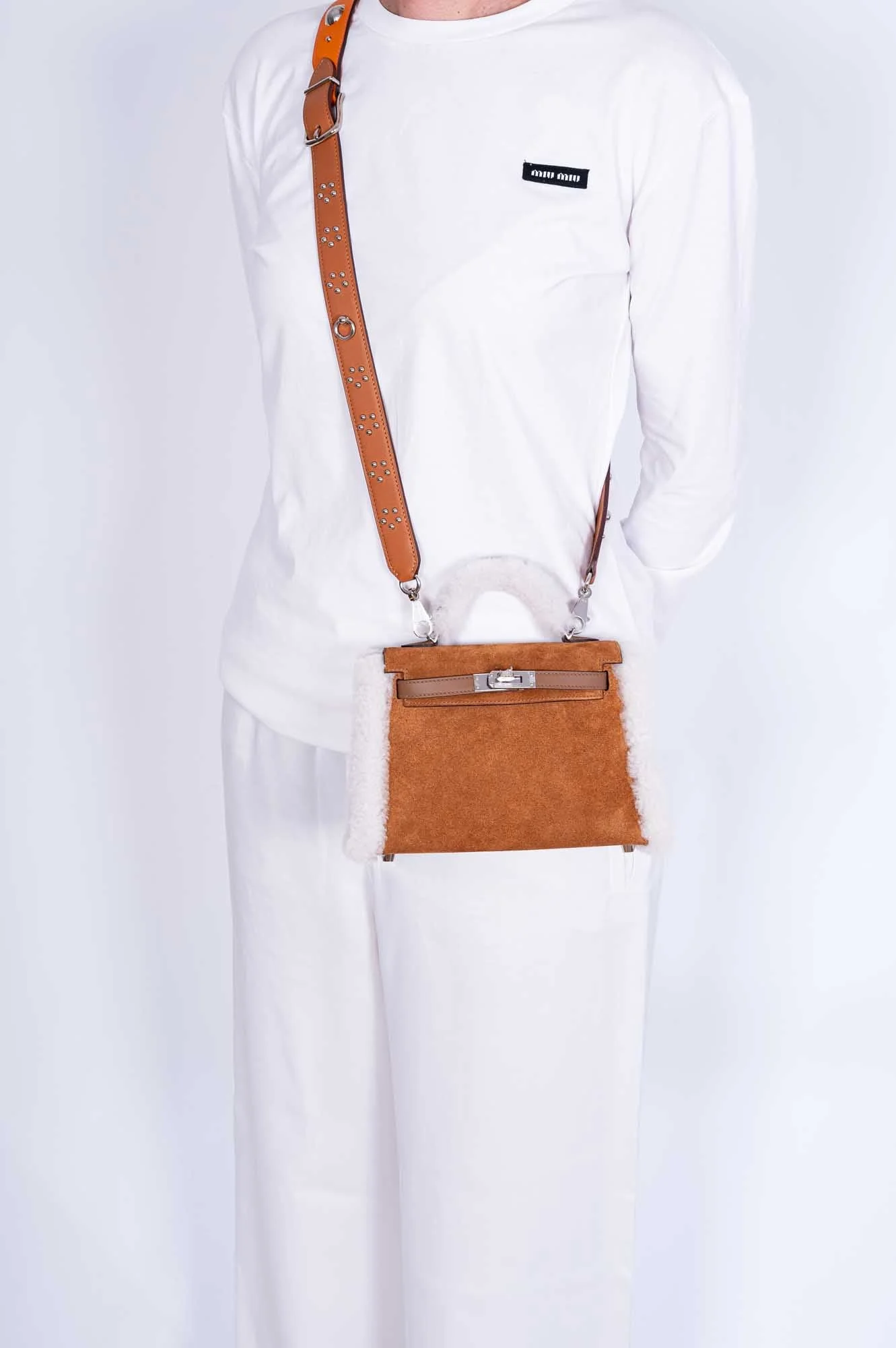 Hermès Teddy Mini Kelly 20 Chamois Grizzly, Alezan Swift and Ecru Mouton Shearling Palladium Hardware