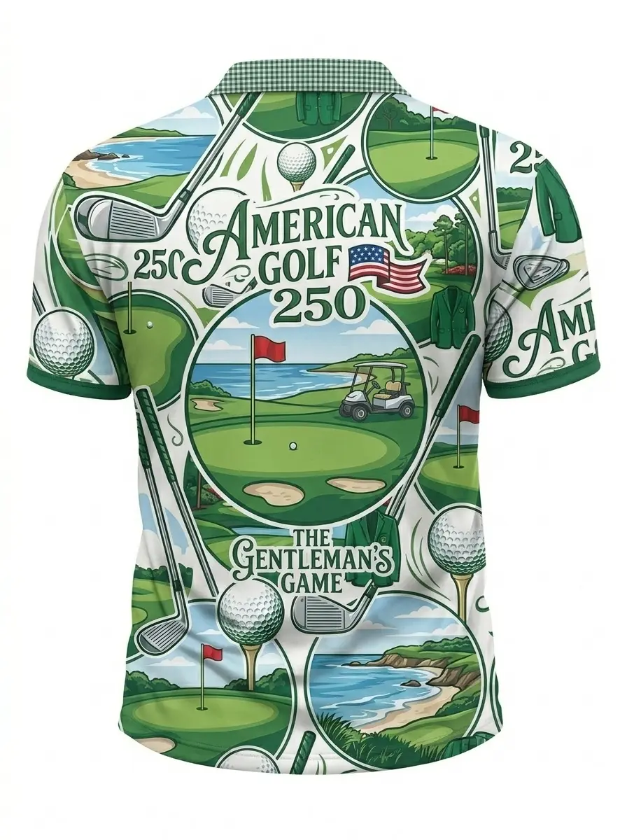 Moisture Wicking Golf Polo 3D American Golf 250 Course Print Button Short Sleeve Golf Polo Shirt