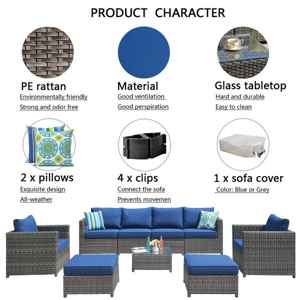 OVIOS Patio Furniture Deep Seat Wicker 9piece Set