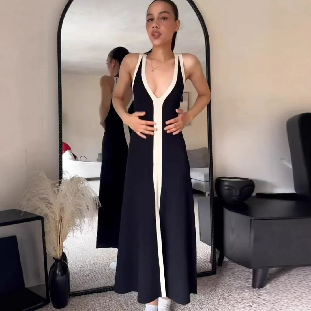 Deep V Neck Ribbed Knit Maxi DressClistos