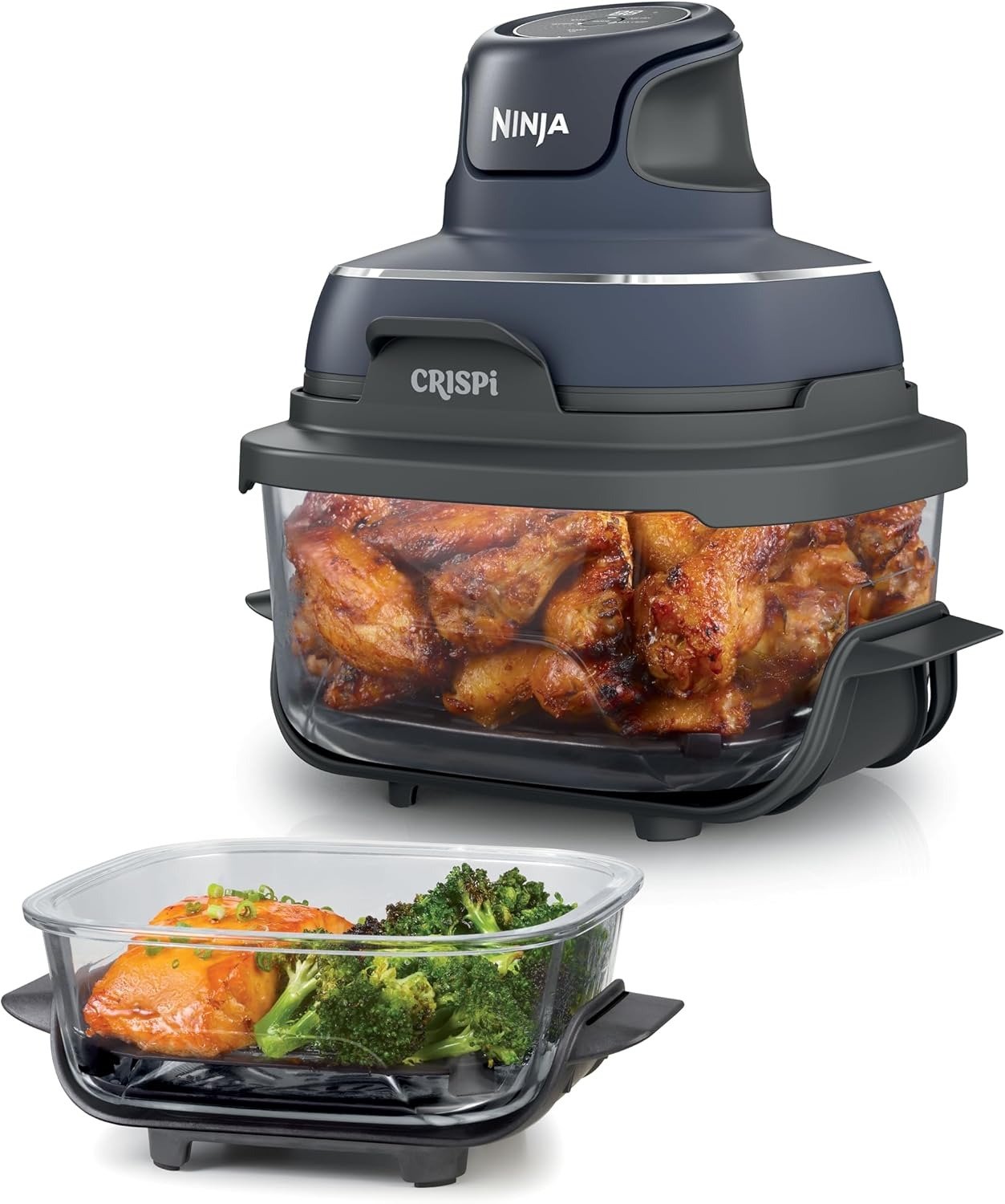 4-in-1 Glass Air Fryer | 450°F | Non-Toxic | 4QT & 6-Cup Glass Containers w/Lids | Microwave, Freezer, Dishwasher Safe | Max Crisp, Air Fry, Bake, Recrisp | Cyberspace Gray