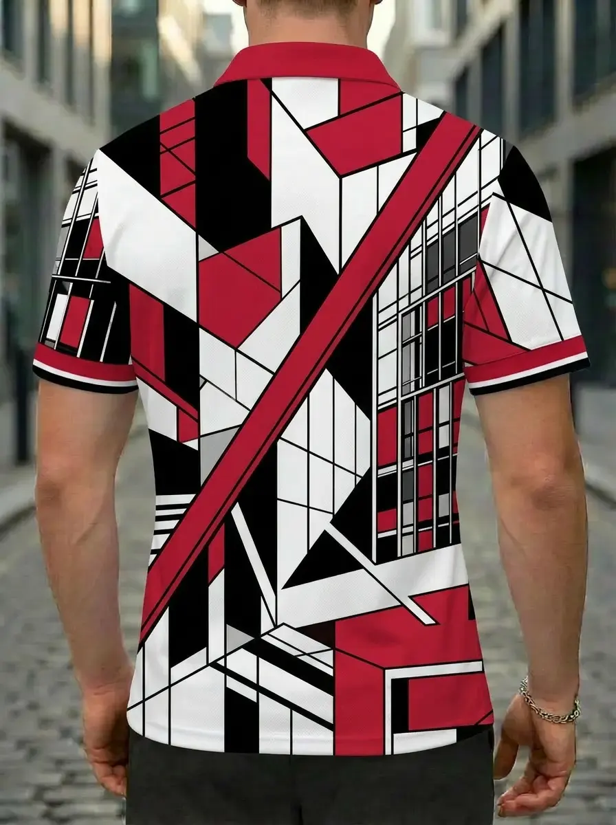 Moisture Wicking Golf Polo 3D Red Black White Geometric City Button Short Sleeve Golf Polo Shirt