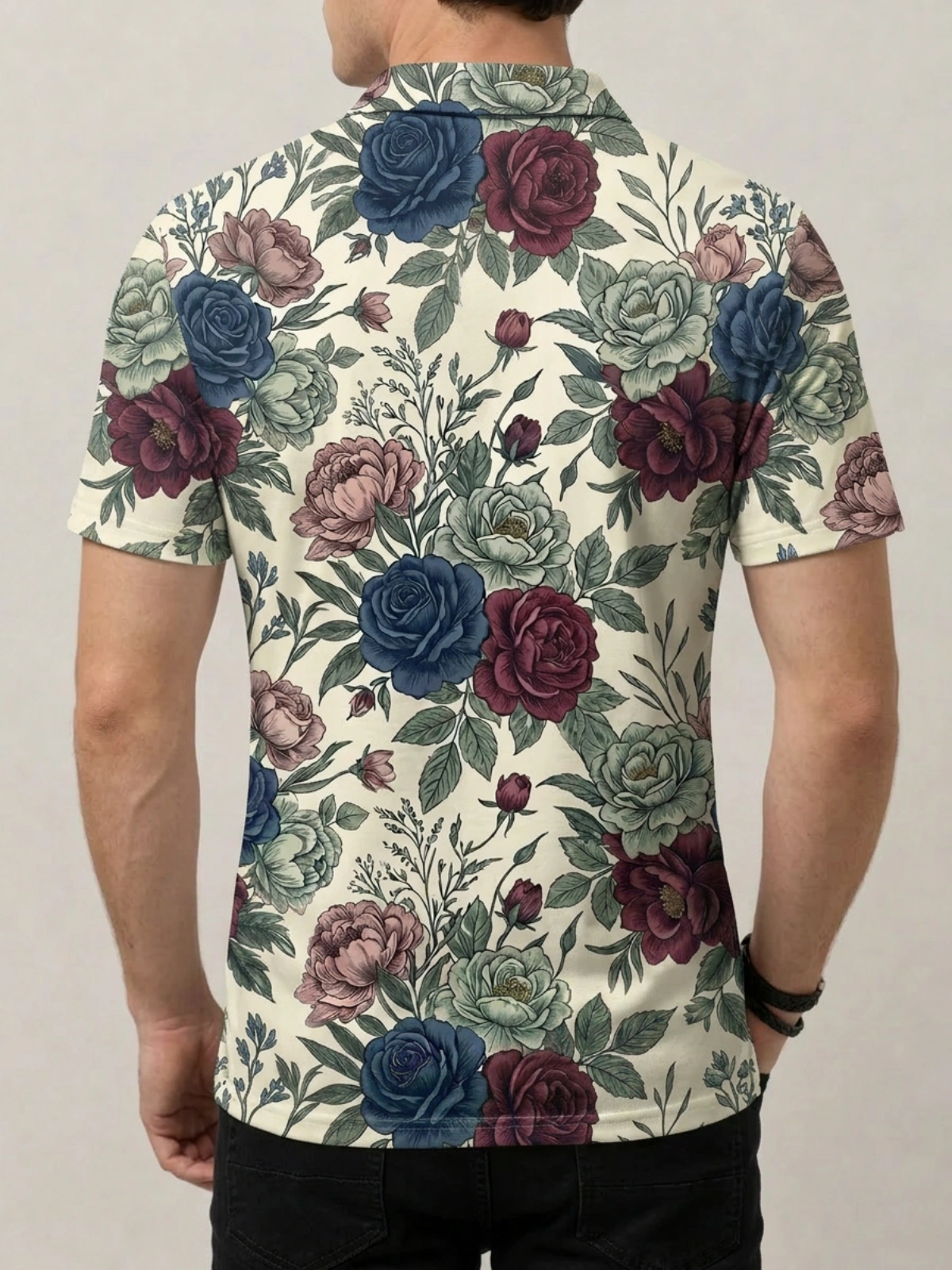Cream Floral Rose Print Short Sleeve Golf Polo Shirt
