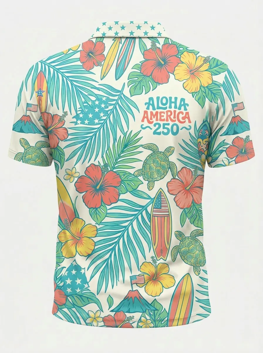 Moisture Wicking Golf Polo 3D Aloha America 250 Tropical Hawaiian Hibiscus Turtle Button Short Sleeve Golf Polo Shirt