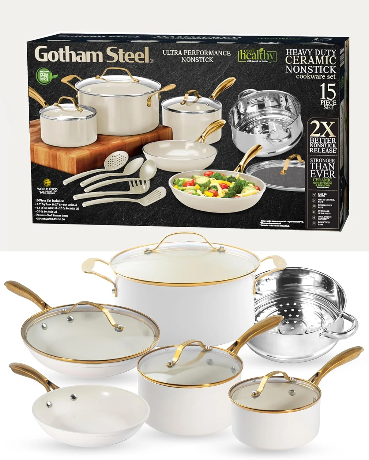 Gotham Steel 15 Pc Pots and Pans Set Non Stick Cookware Set, Pot and Pan Set, Kitchen Cookware Sets, Ceramic Cookware Set, Nonstick Cookware Set, Pot Set, Dishwasher Safe, Non Toxic, Cream White