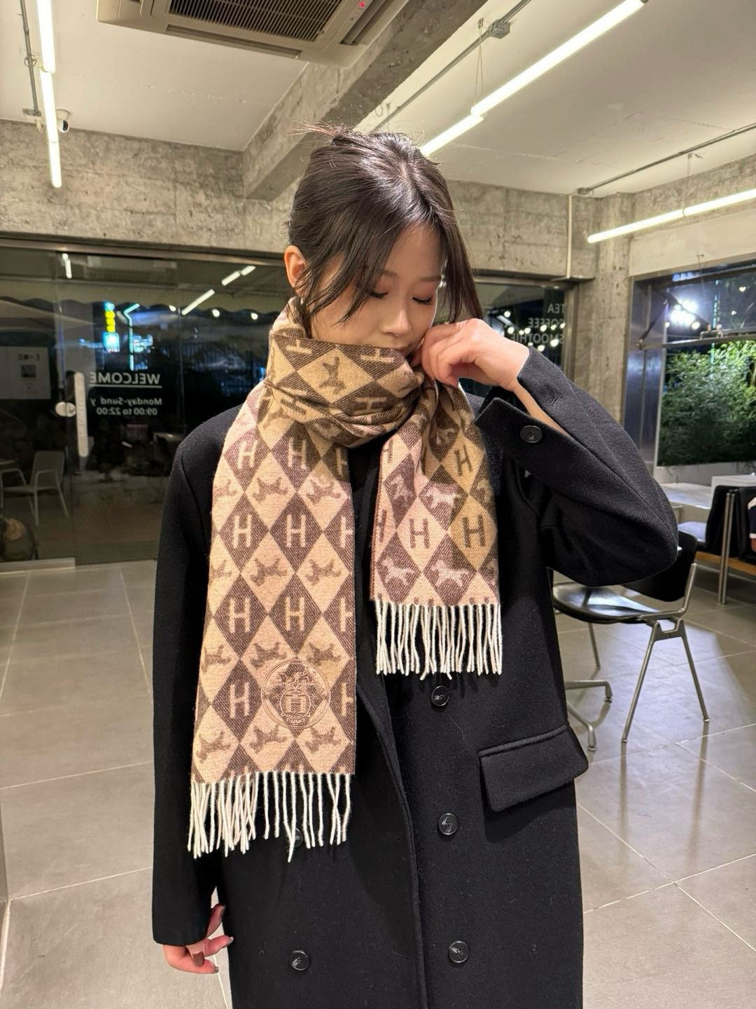 Hermes Diamond H Cashmere Scarf Brown For Women 180cm