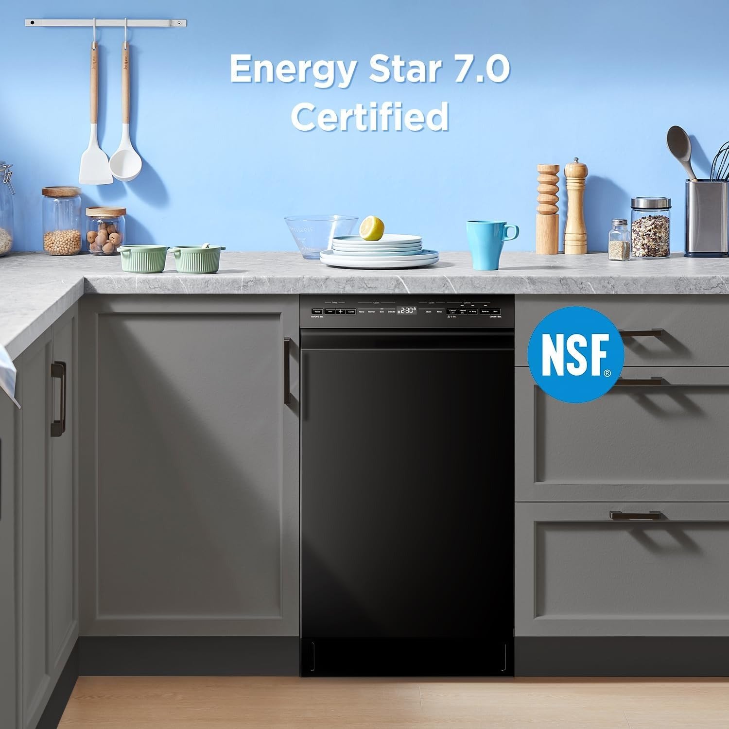 18 Inch Built-in Dishwasher, Slim Space-Saving Design with Stainless Steel Tub, 8 Place Settings & 6 Wash Cycles, Energy Star Certified Dishwasher with Heated Dry & High-Temp Wash, Black