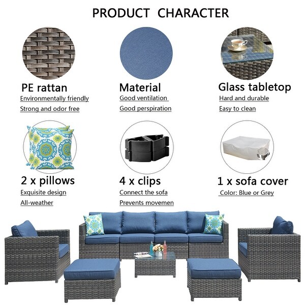 OVIOS Patio Furniture Deep Seat Wicker 9piece Set