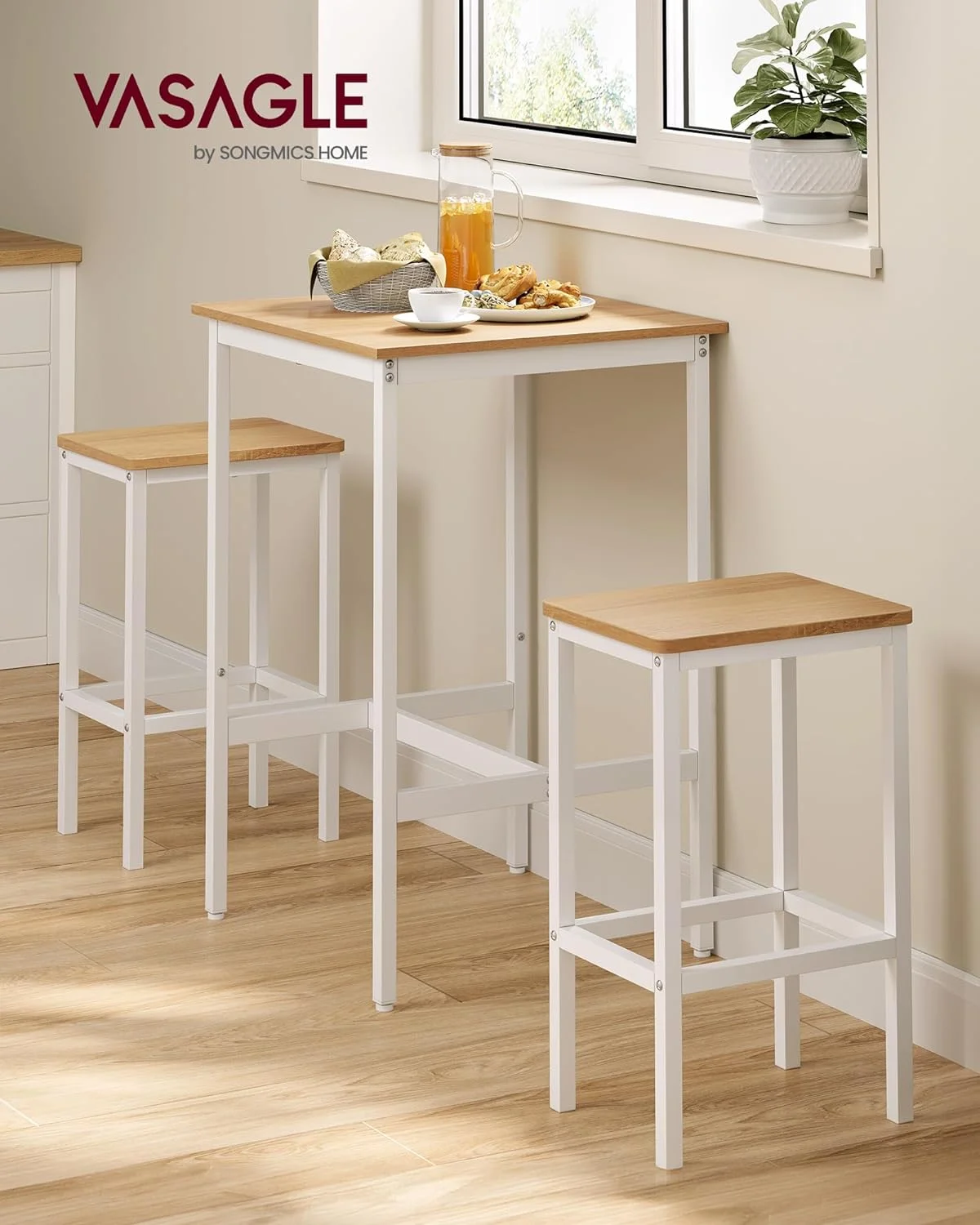 2026 Bar Table and Chairs Set, Square Bar Table with 2 Bar Stools, Dining Pub Bar Table Set for 2, Space Saving for Kitchen Breakfast, Living Room, Party Room, Golden Oak and Cloud White
